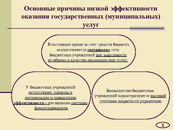 Основные причины низкой эффективности оказания государственных (муниципальных) услуг В настоящее время за счет средств