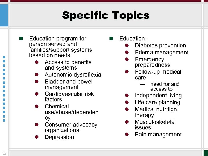Specific Topics n 32 Education program for person served and families/support systems based on