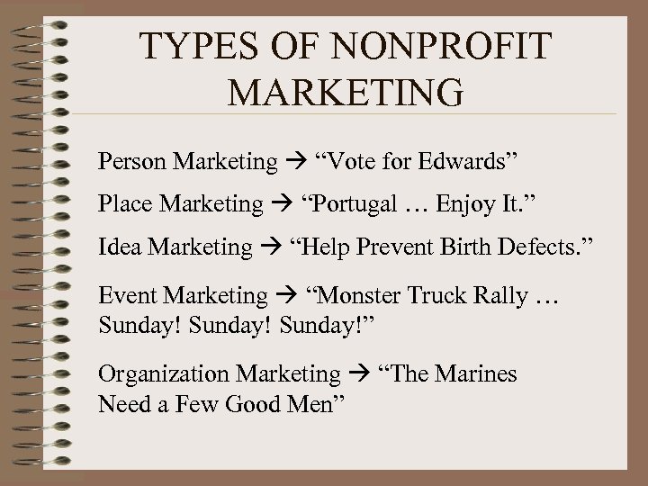 TYPES OF NONPROFIT MARKETING Person Marketing “Vote for Edwards” Place Marketing “Portugal … Enjoy