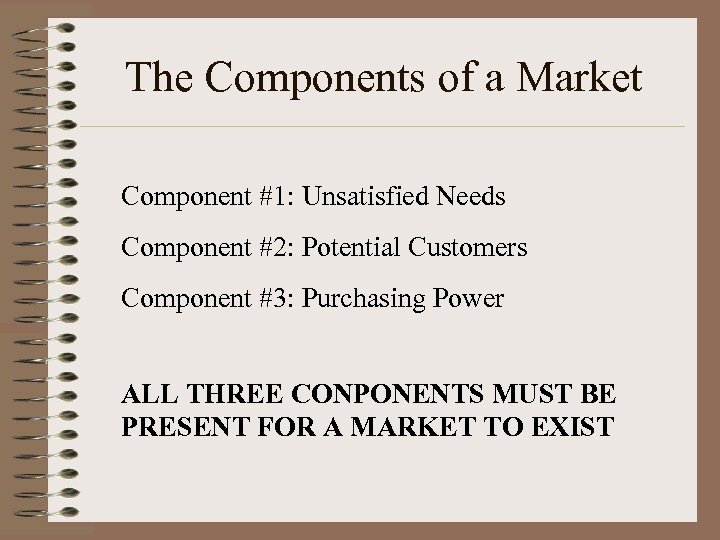 The Components of a Market Component #1: Unsatisfied Needs Component #2: Potential Customers Component