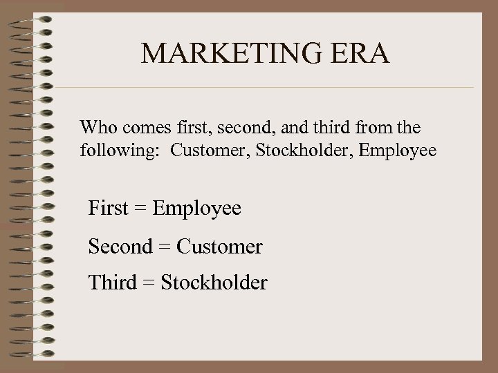 MARKETING ERA Who comes first, second, and third from the following: Customer, Stockholder, Employee