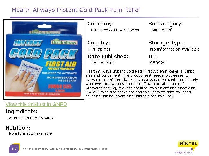 Health Allways Instant Cold Pack Pain Relief Company: Blue Cross Laboratories Country: Philippines Date