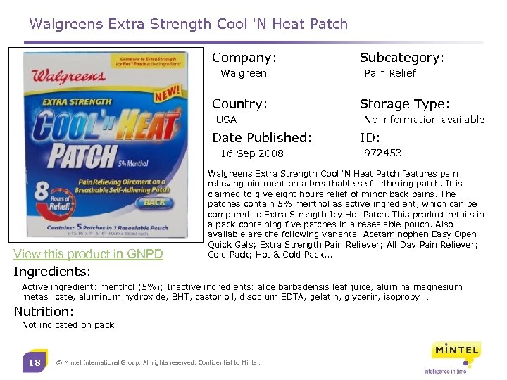 Walgreens Extra Strength Cool 'N Heat Patch Company: Walgreen Country: USA Date Published: 16