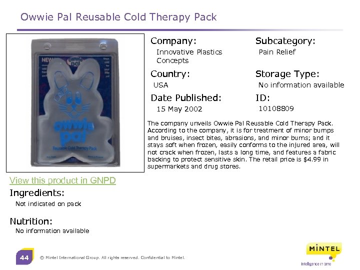 Owwie Pal Reusable Cold Therapy Pack Company: Innovative Plastics Concepts Country: USA Date Published: