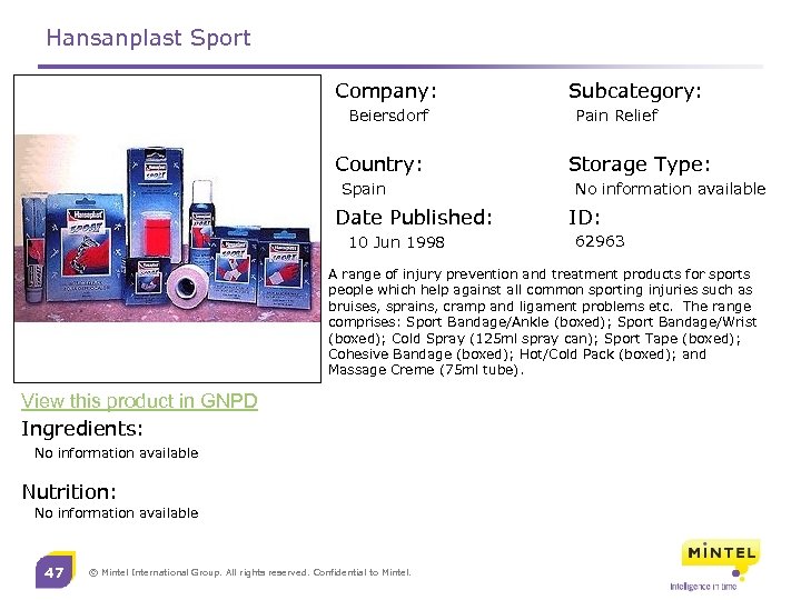 Hansanplast Sport Company: Beiersdorf Country: Spain Date Published: 10 Jun 1998 Subcategory: Pain Relief