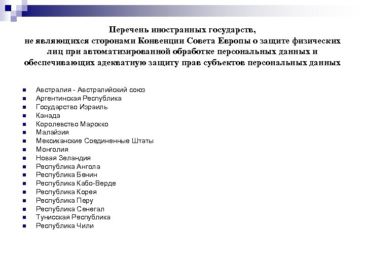 Перечень иностранных государств, не являющихся сторонами Конвенции Совета Европы о защите физических лиц при