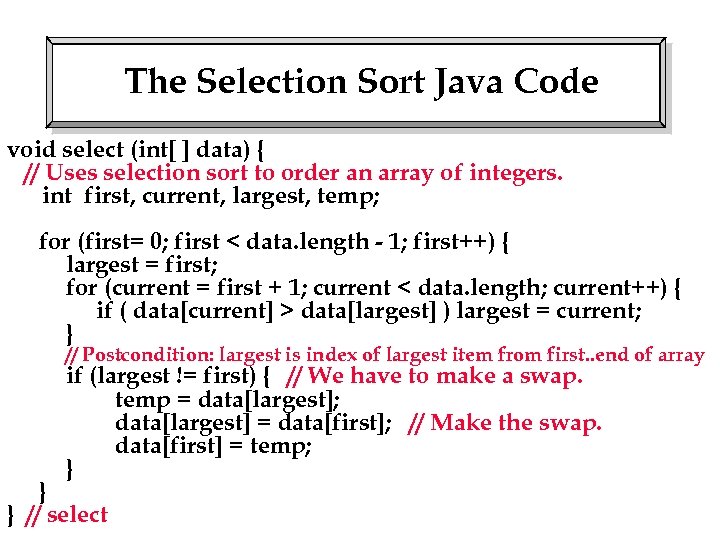 The Selection Sort Java Code void select (int[ ] data) { // Uses selection