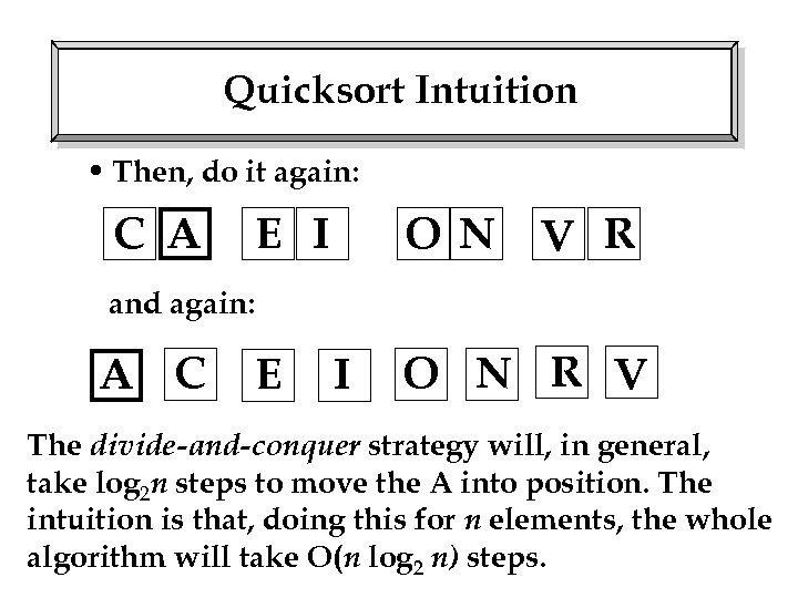 Quicksort Intuition • Then, do it again: C A E I O N V
