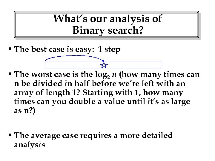 What’s our analysis of Binary search? • The best case is easy: 1 step