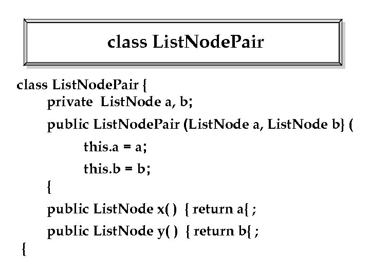 class List. Node. Pair { private List. Node a, b; public List. Node. Pair