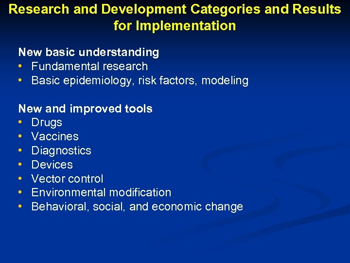 Research and Development Categories and Results for Implementation New basic understanding • Fundamental research