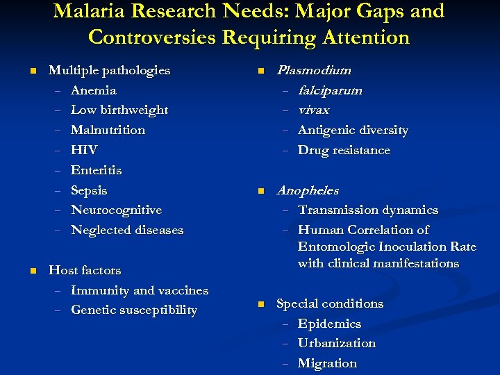 Malaria Research Needs: Major Gaps and Controversies Requiring Attention n n Multiple pathologies –