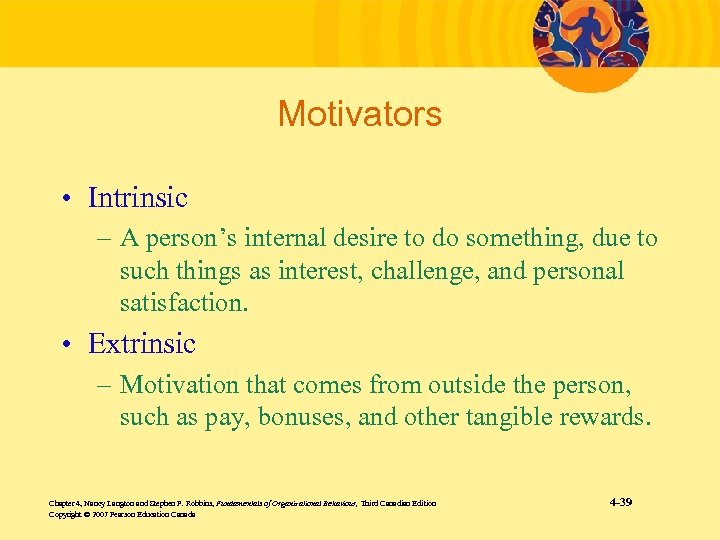 Motivators • Intrinsic – A person’s internal desire to do something, due to such