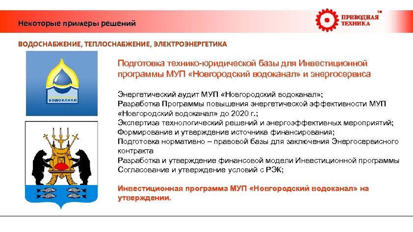  Некоторые примеры решений ВОДОСНАБЖЕНИЕ, ТЕПЛОСНАБЖЕНИЕ, ЭЛЕКТРОЭНЕРГЕТИКА Подготовка технико-юридической базы для Инвестиционной программы МУП