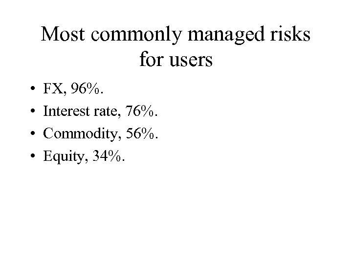 Most commonly managed risks for users • • FX, 96%. Interest rate, 76%. Commodity,