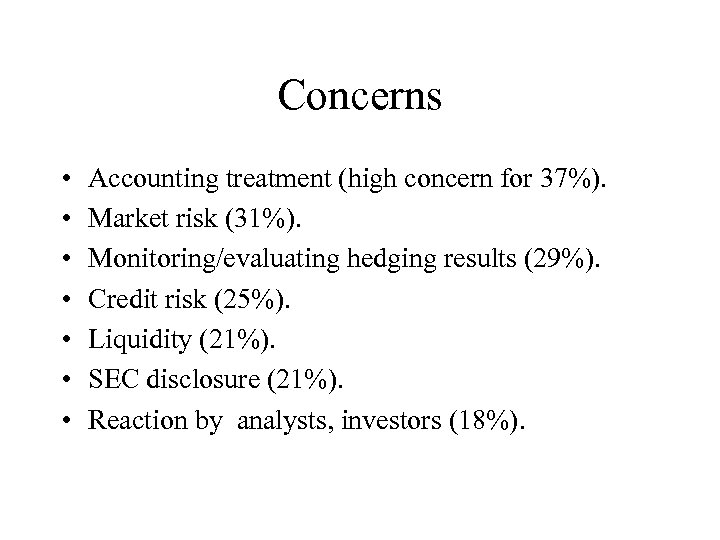 Concerns • • Accounting treatment (high concern for 37%). Market risk (31%). Monitoring/evaluating hedging