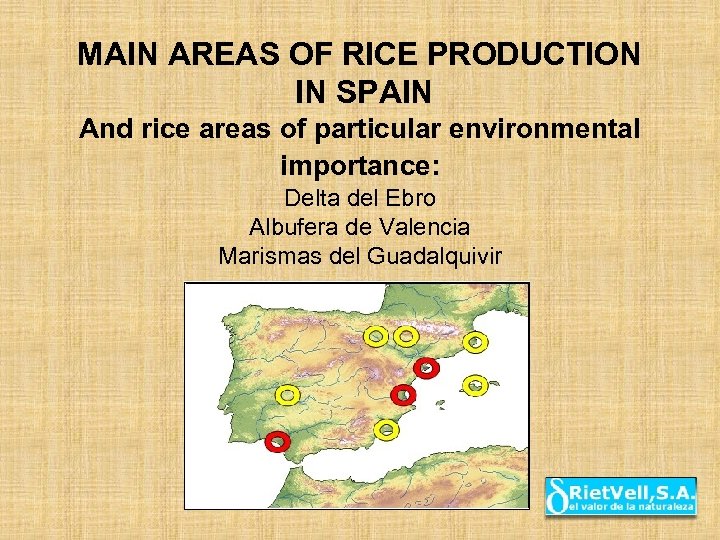 MAIN AREAS OF RICE PRODUCTION IN SPAIN And rice areas of particular environmental importance: