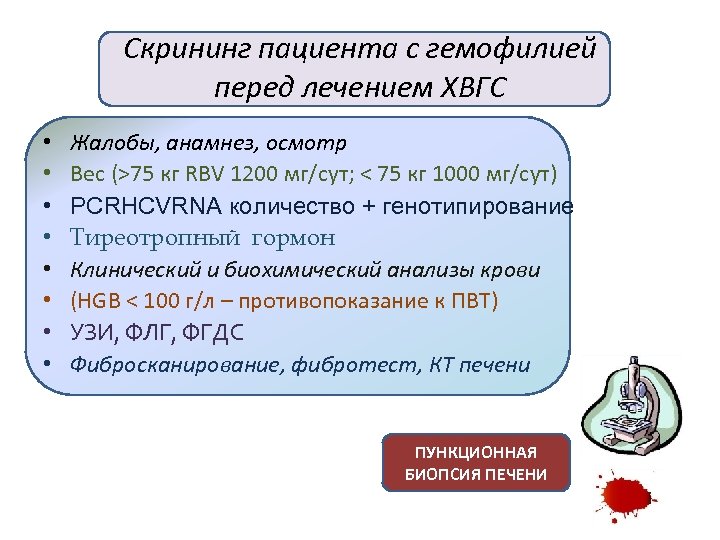 Скрининг пациента с гемофилией перед лечением ХВГС • • Жалобы, анамнез, осмотр Вес (>75