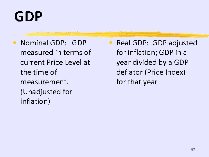 GDP • Nominal GDP: GDP measured in terms of current Price Level at the