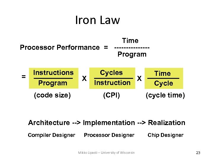 Iron Law Time Processor Performance = -------Program = Instructions Program (code size) X Cycles