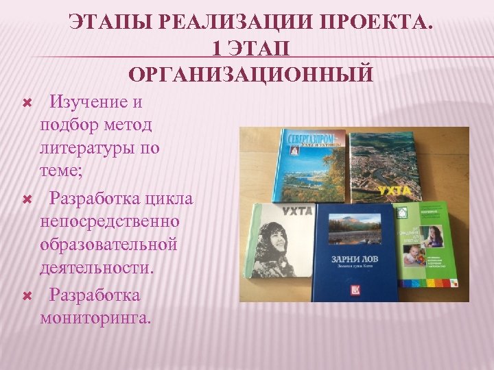 ЭТАПЫ РЕАЛИЗАЦИИ ПРОЕКТА. 1 ЭТАП ОРГАНИЗАЦИОННЫЙ Изучение и подбор метод литературы по теме; Разработка