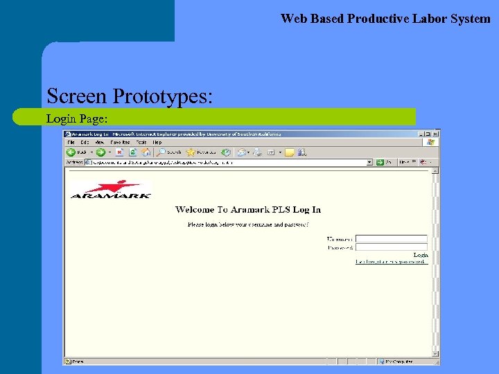 Web Based Productive Labor System Screen Prototypes: Login Page: 