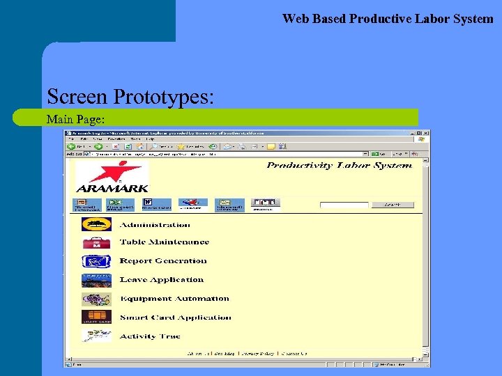 Web Based Productive Labor System Screen Prototypes: Main Page: 