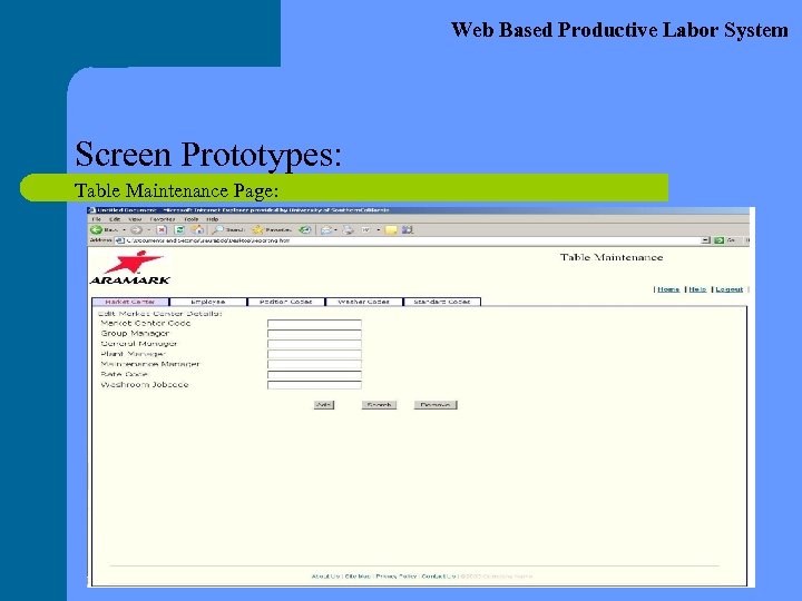Web Based Productive Labor System Screen Prototypes: Table Maintenance Page: 