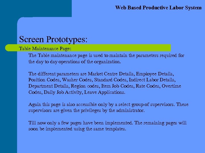 Web Based Productive Labor System Screen Prototypes: Table Maintenance Page: The Table maintenance page