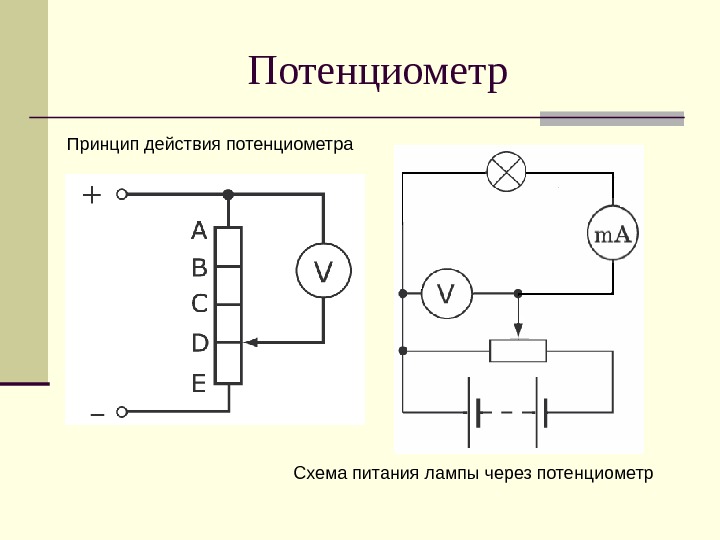 Потенциометр Принцип действия потенциометра Схема питания лампы через потенциометр 
