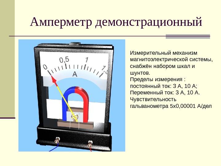Амперметр демонстрационный Измерительный механизм магнитоэлектрической системы,  снабжён набором шкал и шунтов.  Пределы