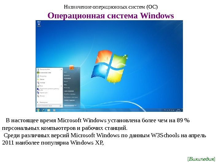Назначение операционных систем (ОС) Операционная система Windows  В настоящее время Microsoft Windows установлена