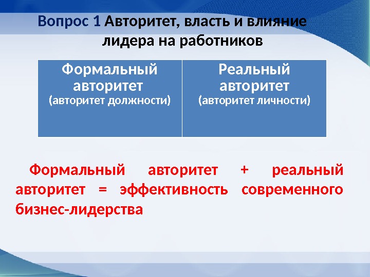 Вопрос 1 Авторитет, власть и влияние лидера на работников Формальный авторитет + реальный авторитет