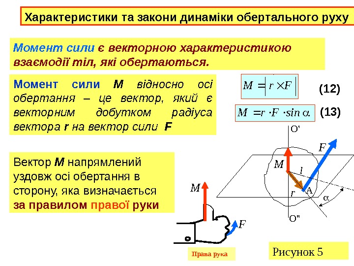 Характеристики та закони динаміки обертального руху  Момент сили  М  відносно осі