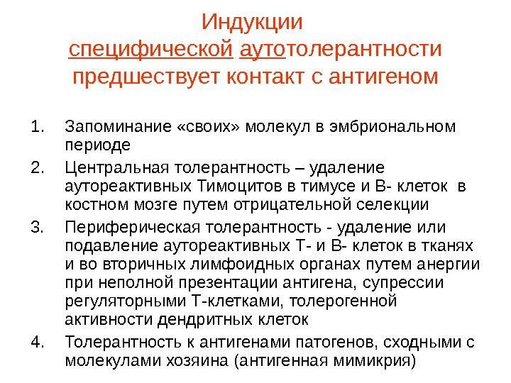 Индукции специфической  ауто толерантности предшествует контакт с антигеном 1. Запоминание «своих» молекул в