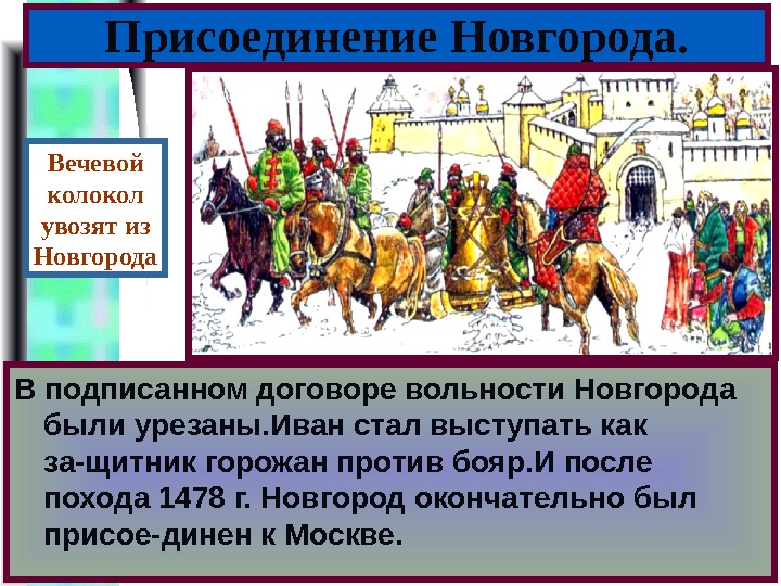 Меню Присоединение Новгорода. В Новгороде население разделилось на сторон- ников и противников Москвы. Посадница