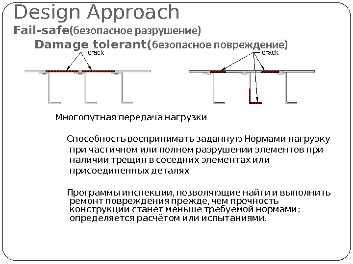 Design Approach Fail-safe (безопасное разрушение)    Damage tolerant( безопасное повреждение)  Многопутная