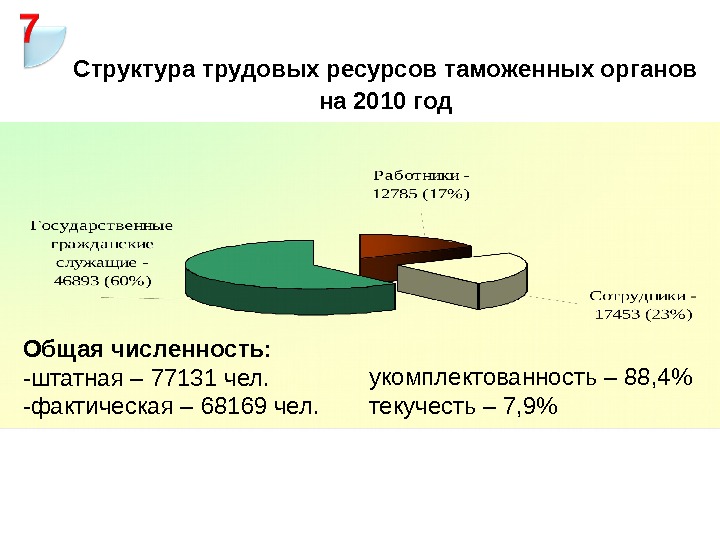 Структура трудовых ресурсов таможенных органов на 2010 год Общая численность: -штатная – 77131 чел.