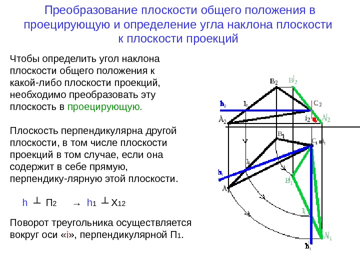   Преобразование плоскости общего положения в проецирующую и определение угла наклона плоскости к