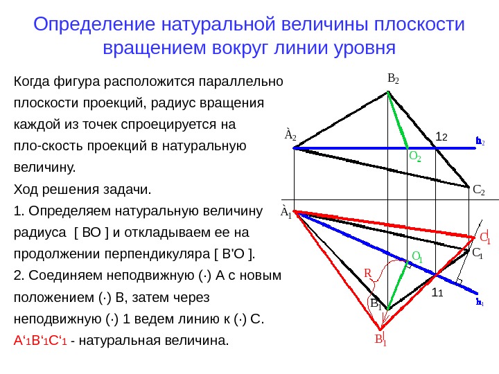   Определение натуральной величины плоскости вращением вокруг линии уровня Когда фигура расположится параллельно