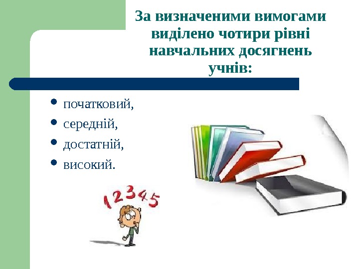   За визначеними вимогами виділено чотири рівні навчальних досягнень учнів:  початковий, 