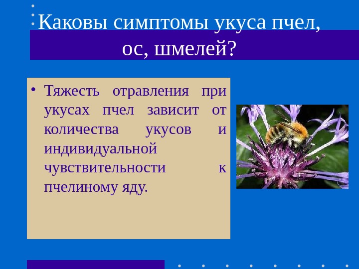 Каковы симптомы укуса пчел,  ос, шмелей?  • Тяжесть отравления при укусах пчел