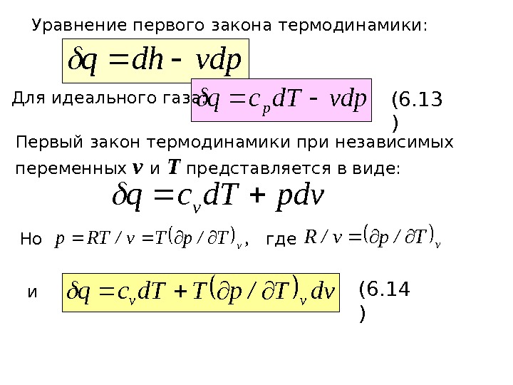   Уравнение первого закона термодинамики: vdpdhq vdpd. Tcqp Для идеального газа: (6. 13