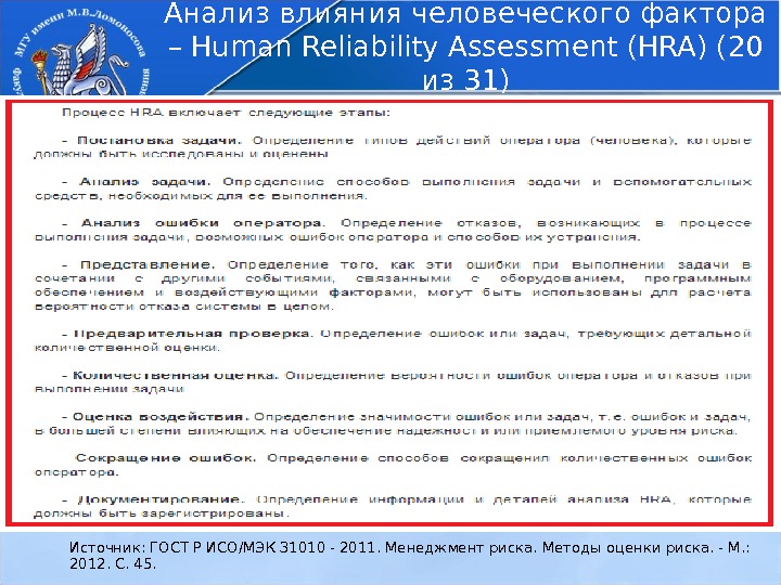 Анализ влияния человеческого фактора – Human Reliability Assessment (HRA) (20 из 31) Источник: ГОСТ