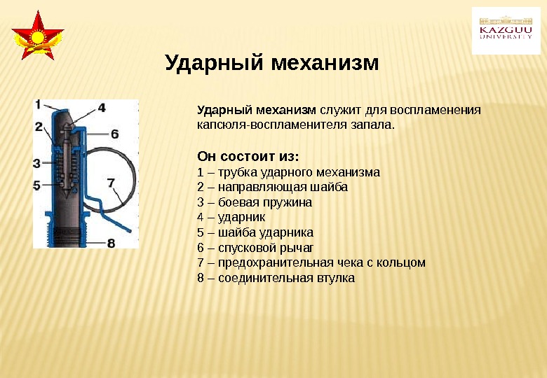 Ударный механизм служит для воспламенения капсюля-воспламенителя запала.  Он состоит из: 1 – трубка