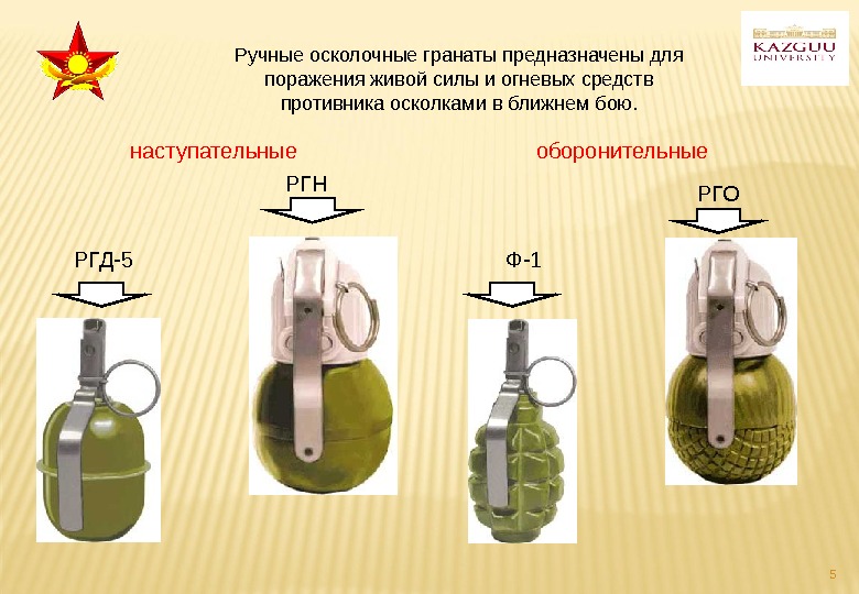 5 Ручные осколочные гранаты предназначены для поражения живой силы и огневых средств противника осколками