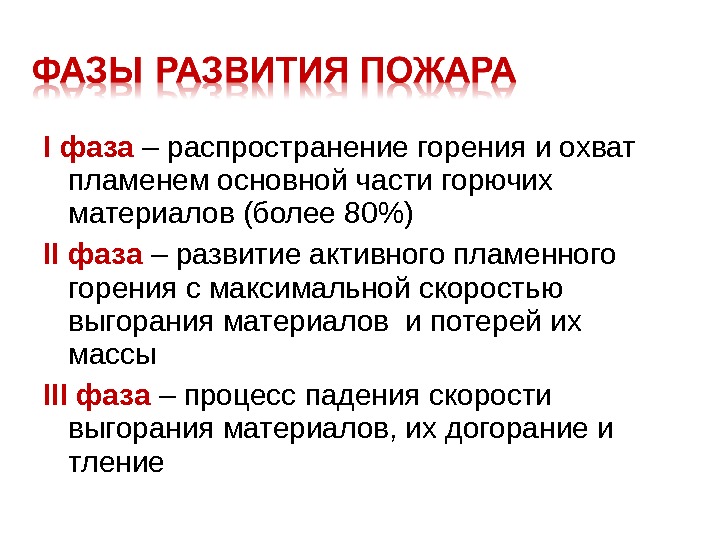 I фаза – распространение горения и охват пламенем основной части горючих материалов (более 80)