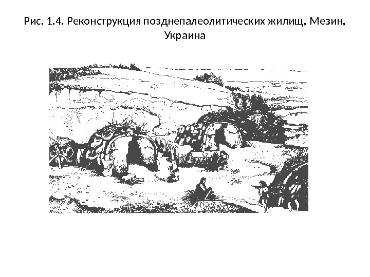 Рис. 1. 4. Реконструкция позднепалеолитических жилищ, Мезин,  Украина 