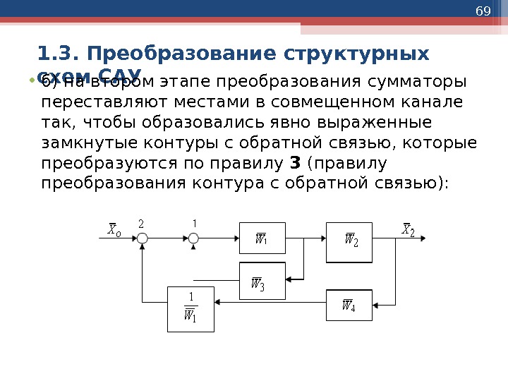 69 1. 3. Преобразование структурных схем САУ • б) на втором этапе преобразования сумматоры