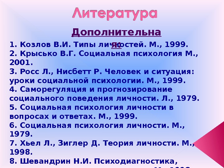 1. Козлов В. И. Типы личностей. М. , 1999. 2. Крысько В. Г. Социальная